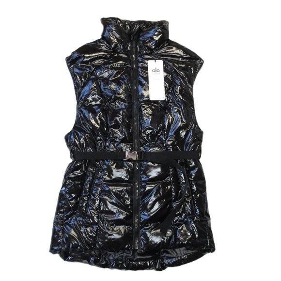 NWT Alo Stunner Puffer Vest in Shiny Black Buckle Belted Full Zip S - Picture 1 of 8